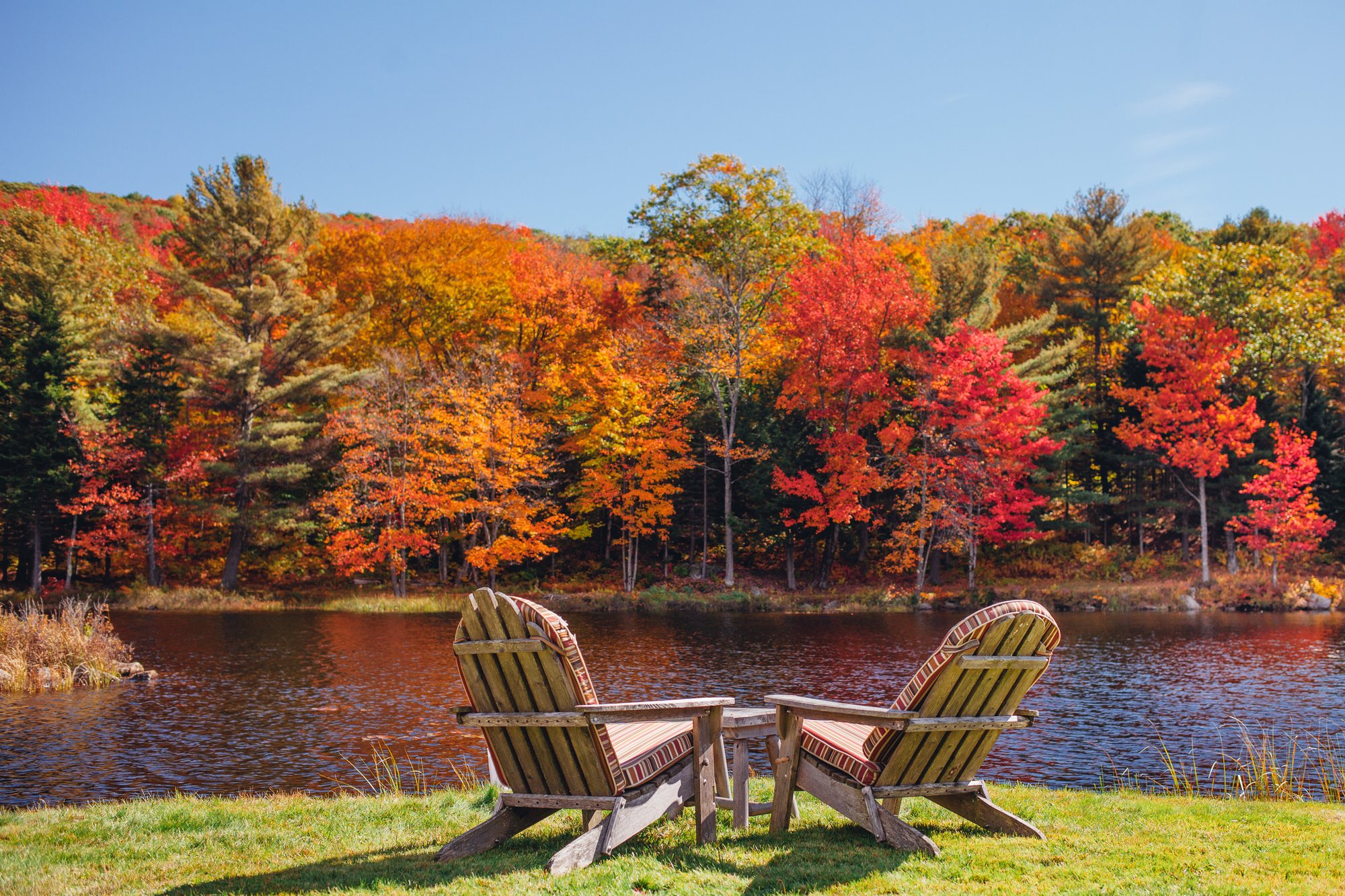 Tables on the Lodge deck and the lawn beyond, in October