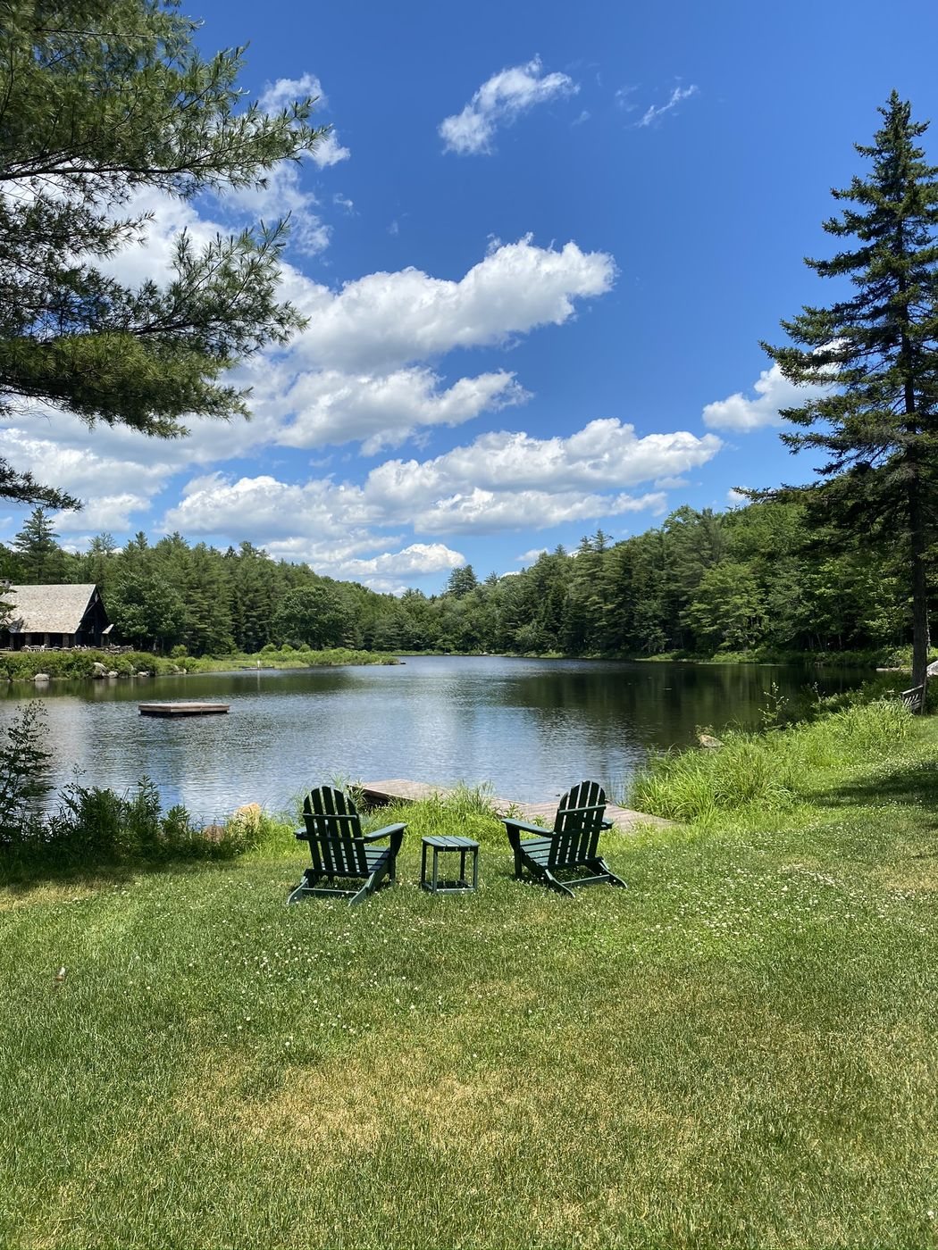 The Lodge Lawn and its chairs above the pond in spring