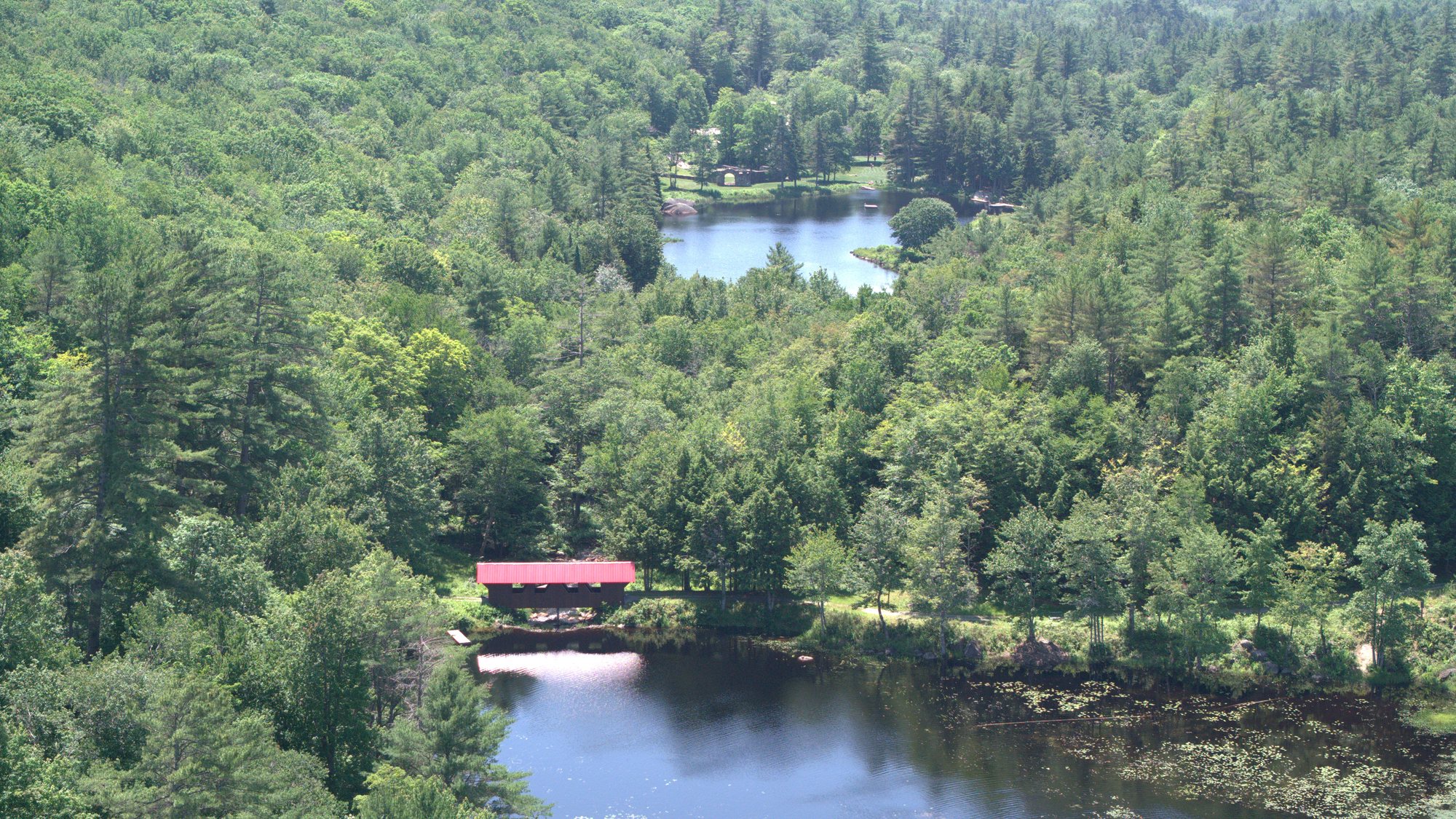 The covered bridge at the head of the pond in summer, from above