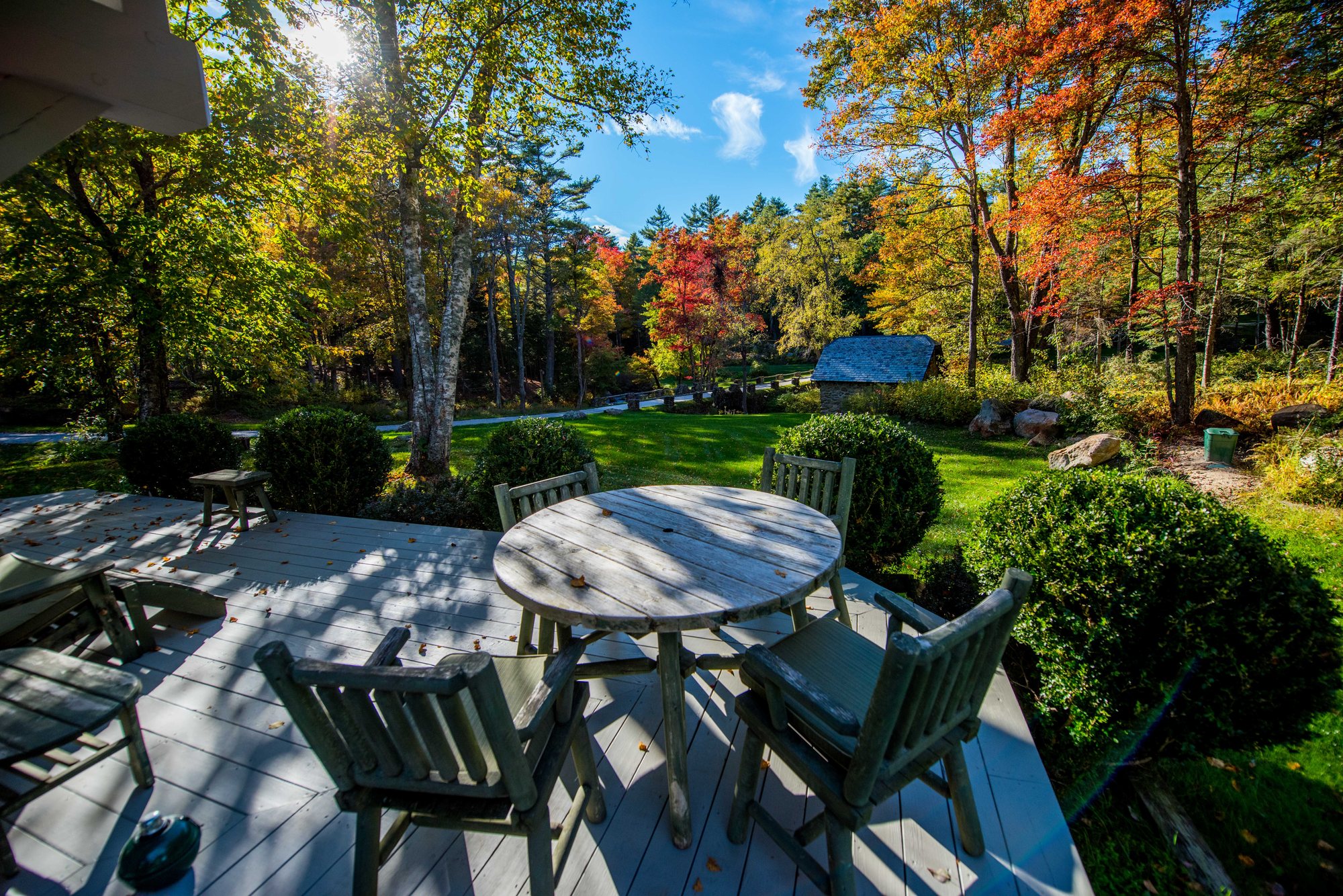 Tables on the Lodge deck and the lawn beyond, in October
