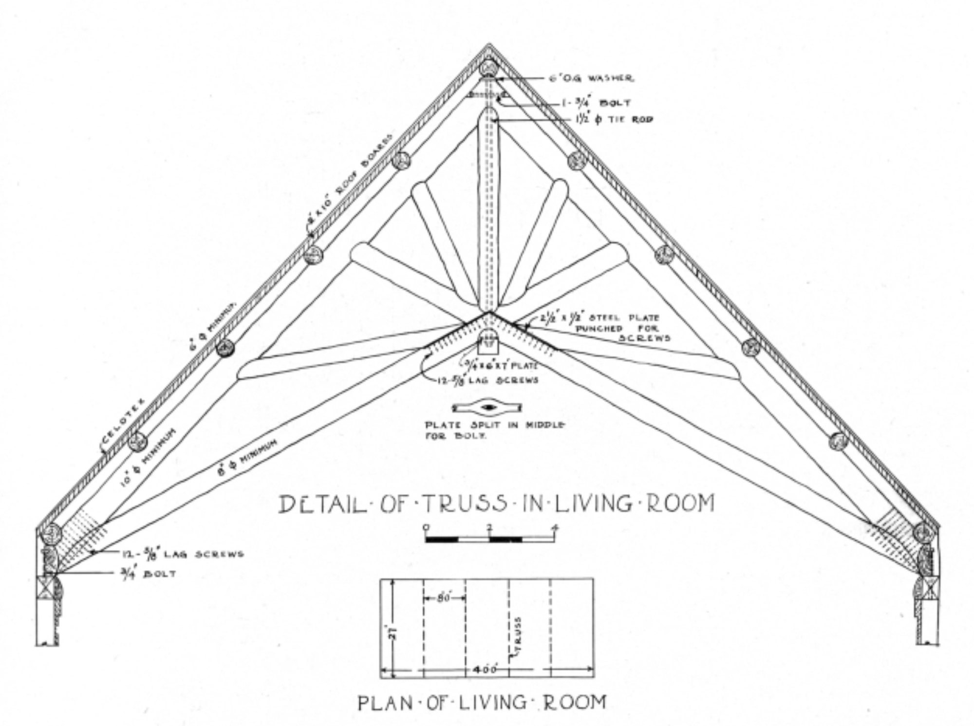 A drawing of the roof trusses over the Great Room