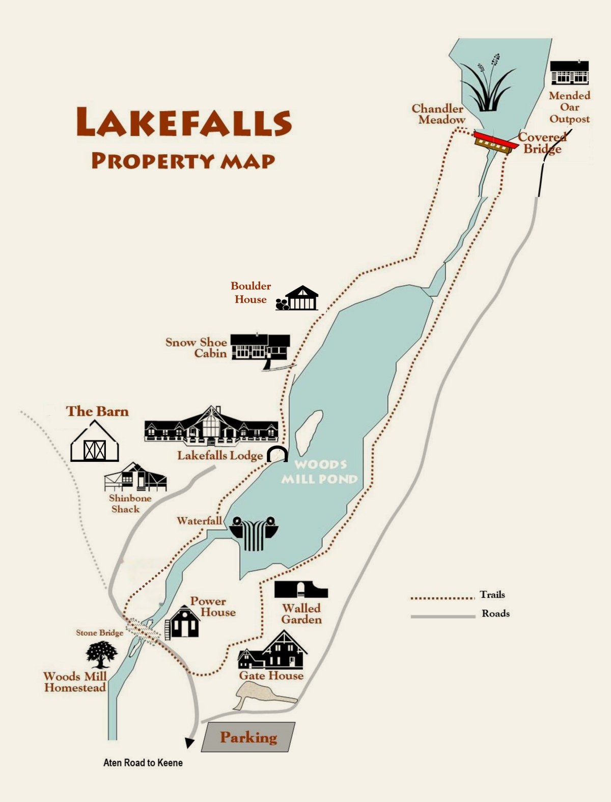 Don's property map of Lakefalls, the pond, the brook and the buildings